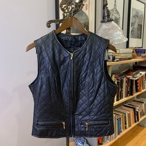 Mini Black Leather Vest, Quilted Vintage, Gold Zippers Size Medium